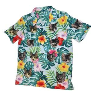 Tropical Kitten Hawaiian Cat Casual Button Down Shirt  Adult Sz Medium